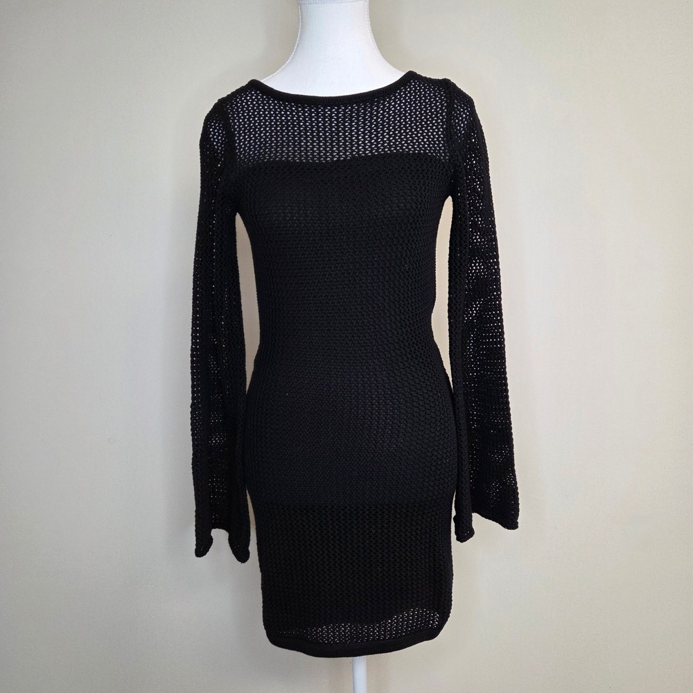 Lulus Black Crochet Open Back Mini Dress Long Bell Sleeve XS Cotton Knit Bodycon